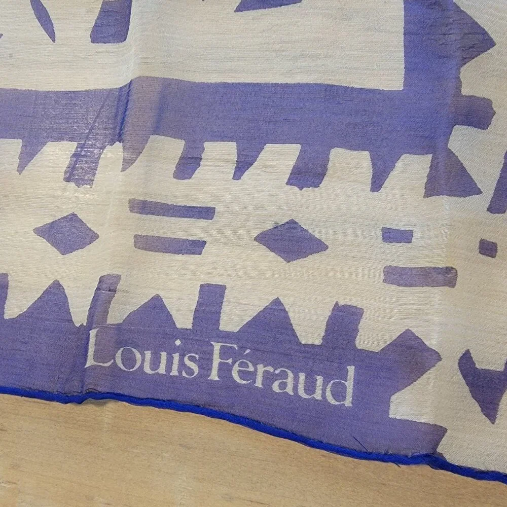 Vintage Louis Feraud Silk Scarf Blue White Geometric Print 22